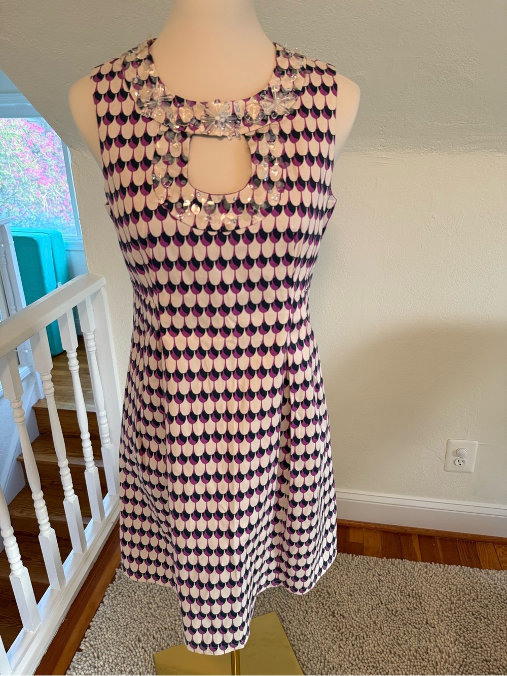 Nanette Lepore Vintage Purple and White Embellished Keyhole Mini Dress Size 6